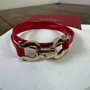 Salvatore Ferragamo Gancini Red Leather Double Wrap Bracelet With Box & Pouch